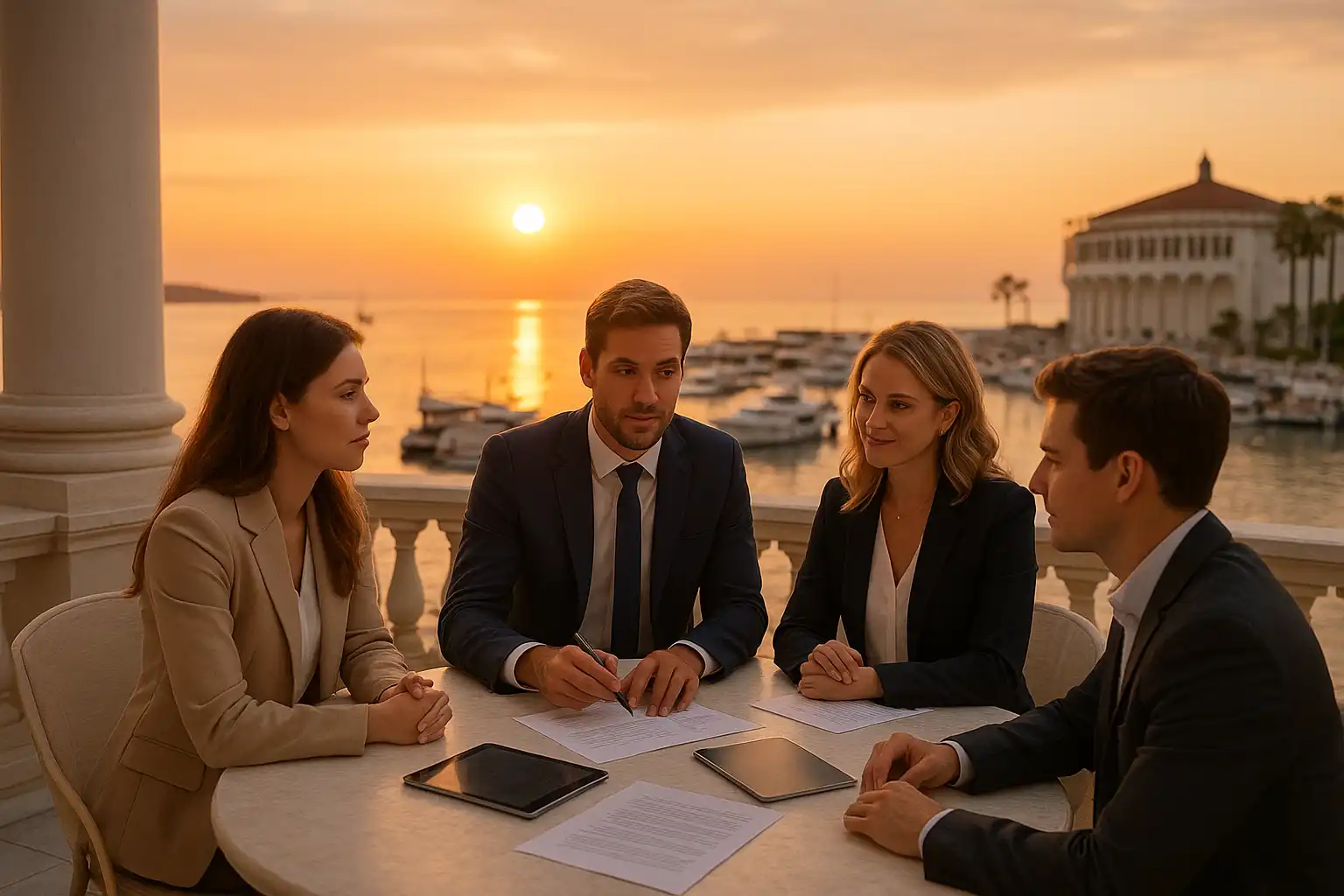 Casineia team meeting on a white stone terrace overlooking a marina at sunset