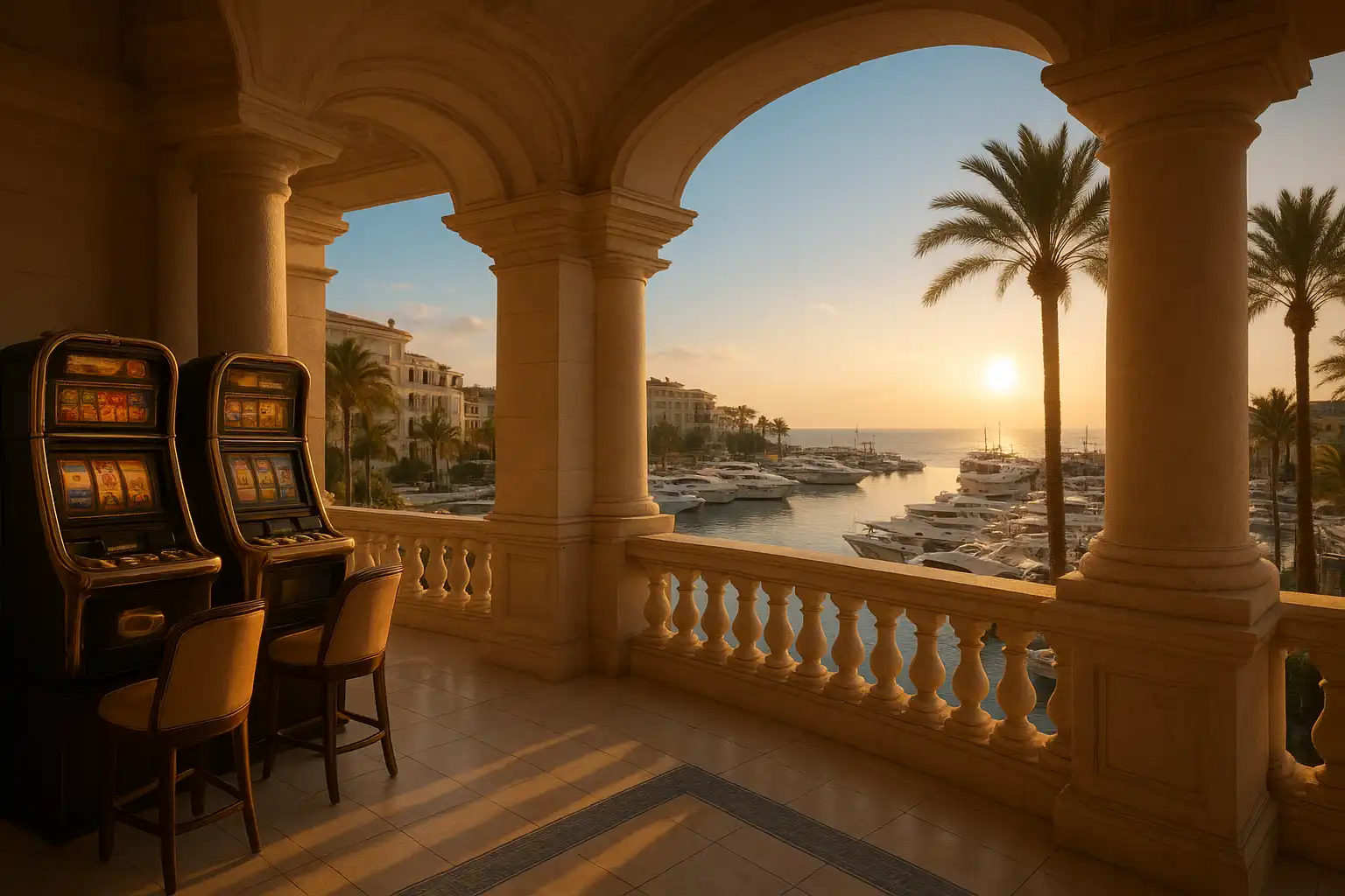 Luxury casino terrace overlooking a sunlit Mediterranean marina with yachts