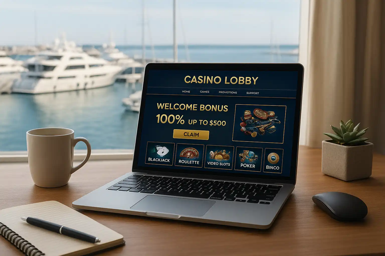 Reviewer's desk with laptop showing Casineia casino lobby beside a marina view