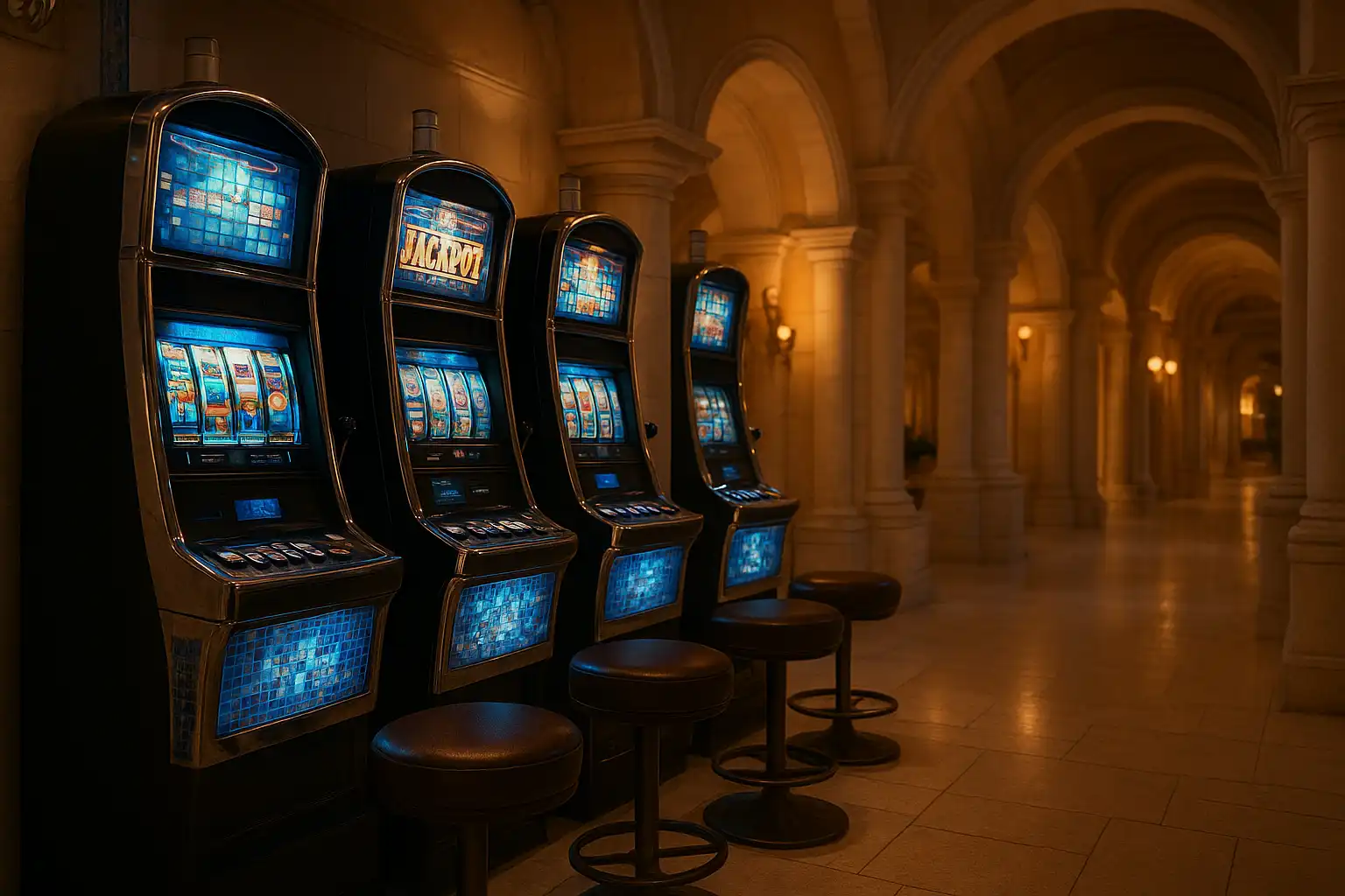 Rows of elegant slot machines with blue mosaic details inside a Mediterranean marina casino