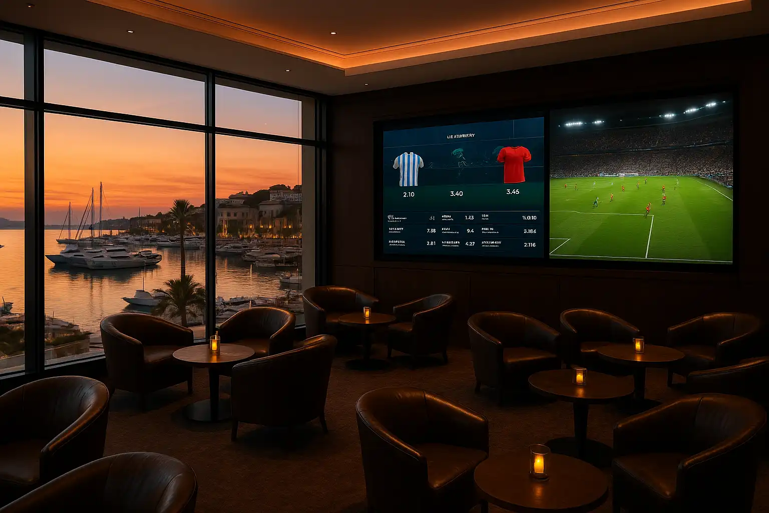 Sports betting screen with live odds displayed beside a marina view at sunset
