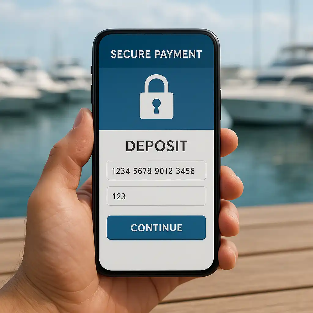 Secure deposit screen with Mediterranean marina backdrop