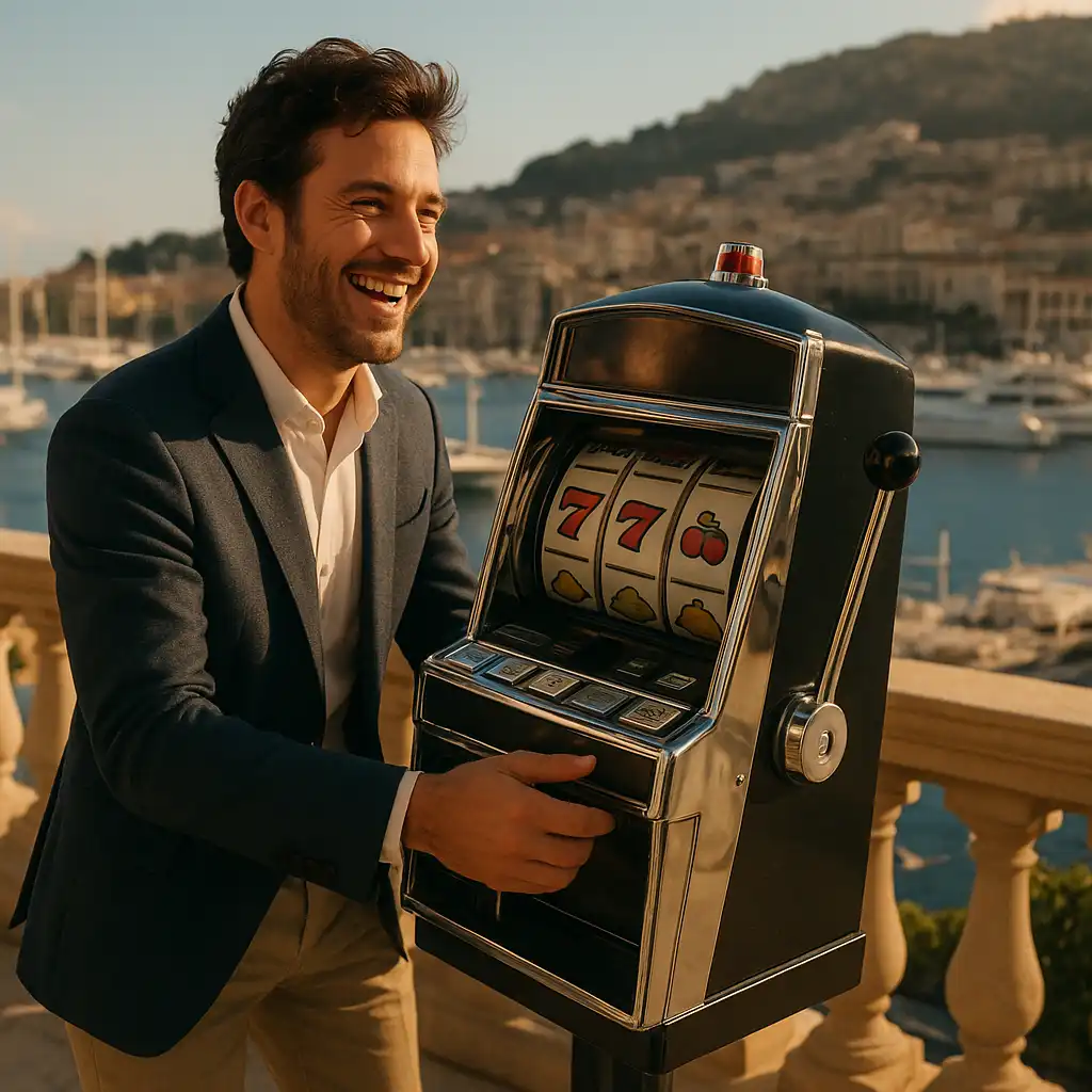 Player spinning a slot machine on a sunlit casino terrace