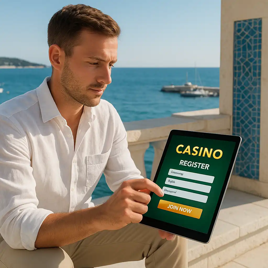 Player registering a Casineia account on a tablet by the marina